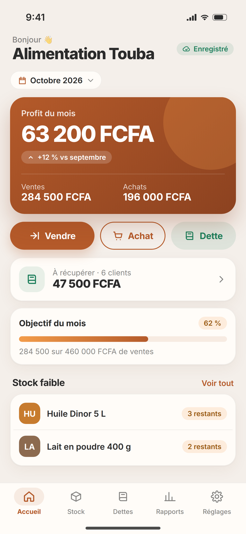 Écran d’accueil de BokkCom : profit du mois, ventes, achats, objectif, stock faible
